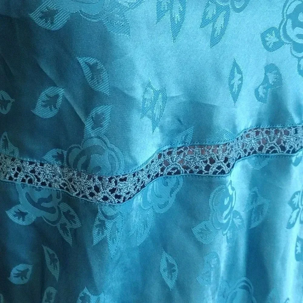 VTG 80s Teal Satin Floral Embroidered Detail Mini Slip Dress Chemise‎ XL Festie - Picture 6 of 14